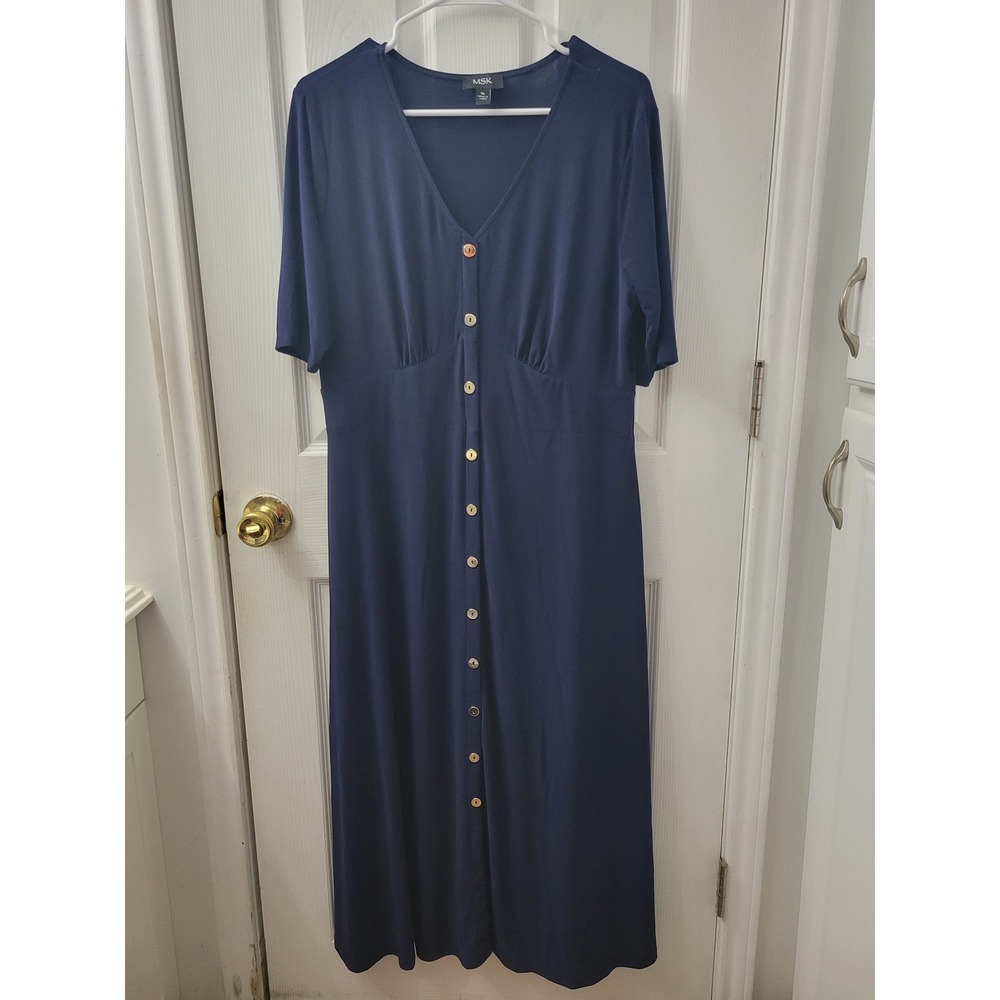 MSK Navy Blue Button Down V-Neck Maxi Dress Short Sleeve Stretch Jersey XL